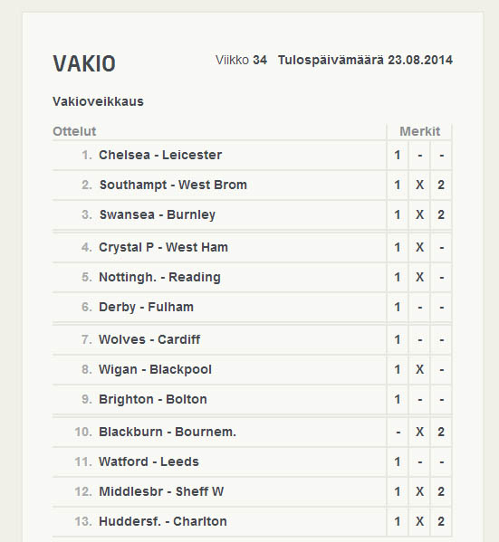 Vakioveikkaus kuponki viikolle 34